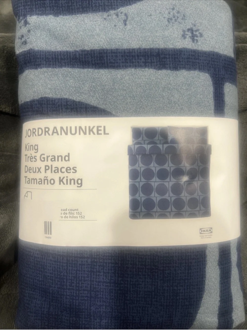 Ikea JORDRANUNKEL King Duvet Cover & 2 Pillowcases Bed Set Dark Blue Circles